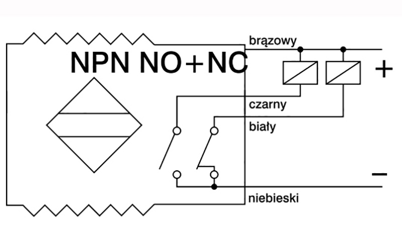 Schemat czujnika NPN w wyjściem NO i NC